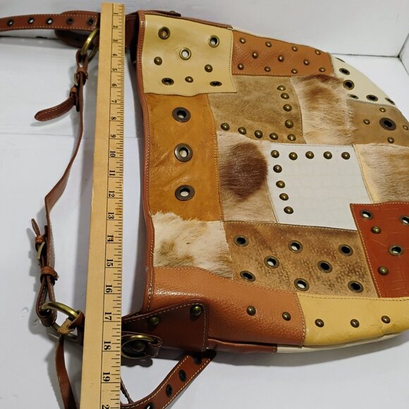 AQUA MADONNA BROWN LEATHER ANTELOPE HAIR PURSE HANDBAG 18X13 - Picture 9 of 11